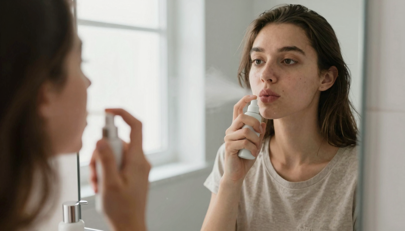 Person spraying mouth freshener into their mouth in front of a bathroom mirror