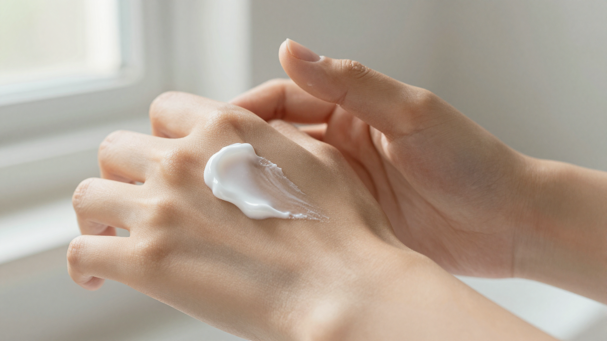 Close-up of hands applying Bepantol cream on dry skin