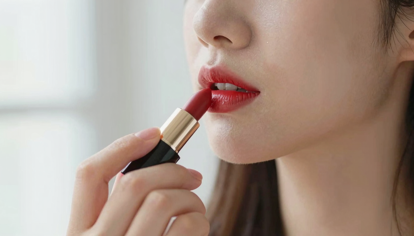 Woman applying lipstick in soft natural lighting