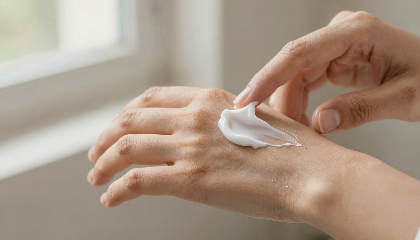 Close-up of hands applying a rich white cream to dry, cracked knuckles
