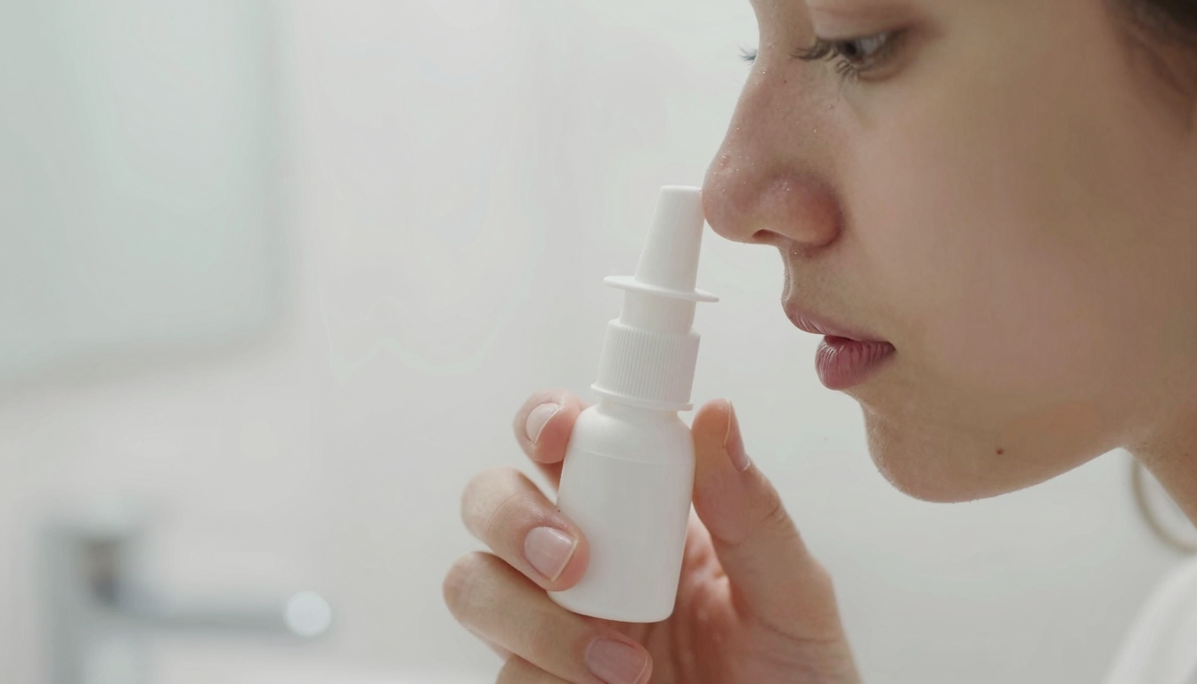 Person using nasal spray in bathroom mirror