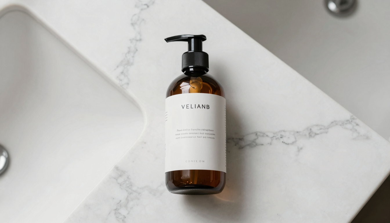 Dercos Aminexil shampoo bottle on a marble bathroom counter with soft lighting