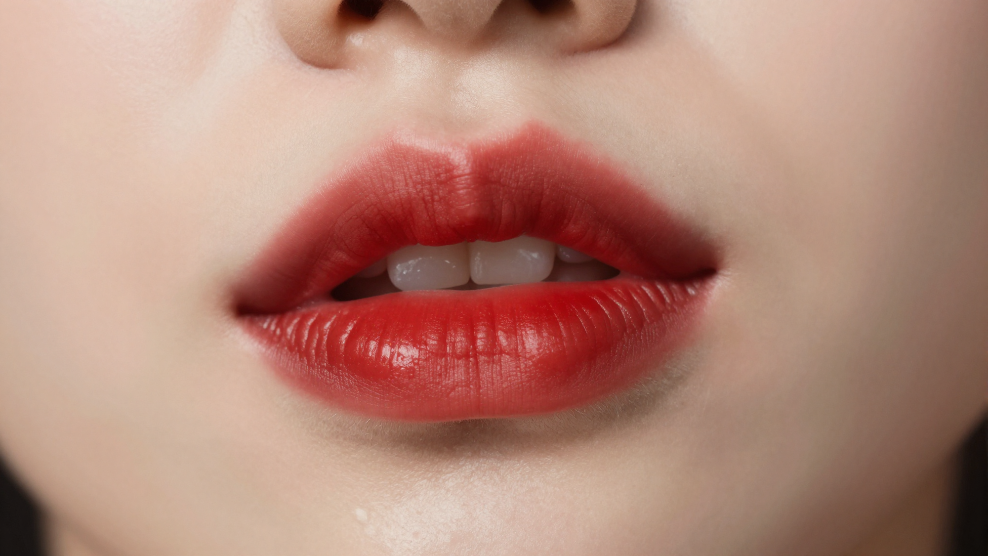 Close-up of lips wearing a vibrant red lipstick with blurred background, elegant composition.