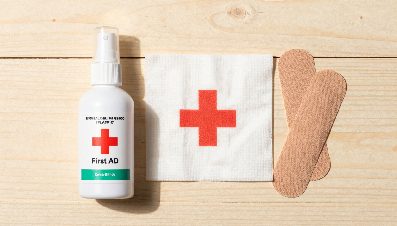 Flat lay of first aid supplies including spray bottle, bandages, and antiseptic on a clean white surface