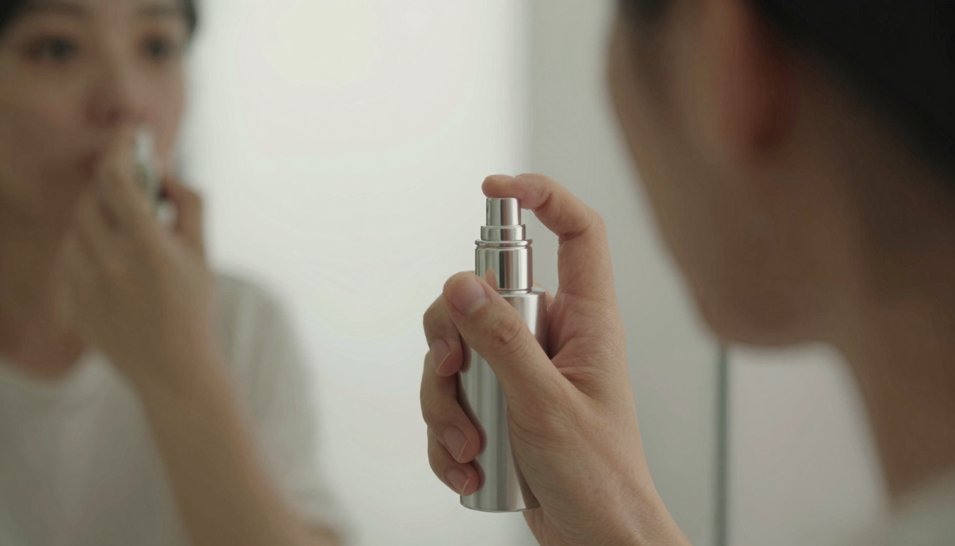 Person using breath spray in bathroom mirror, morning oral care routine