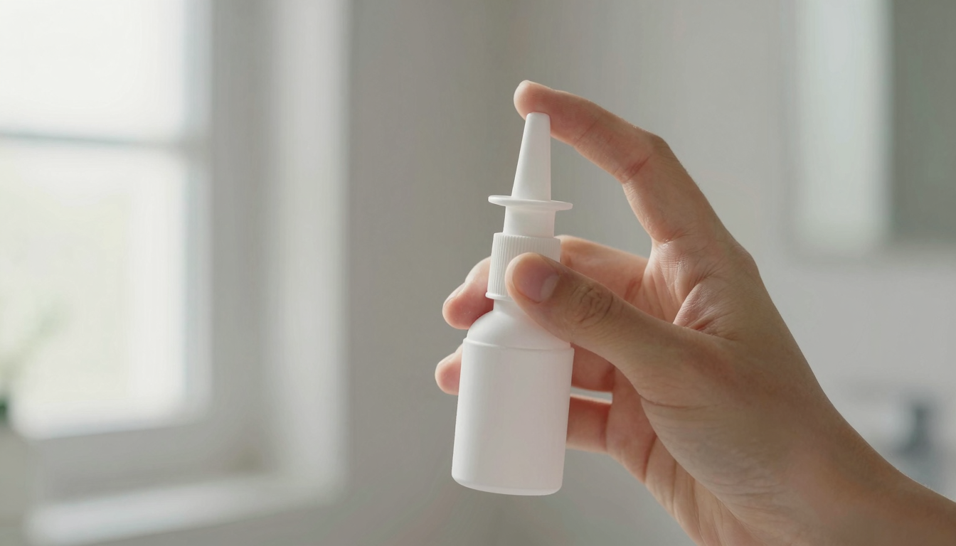A person holding a nasal spray bottle in a bathroom, morning light