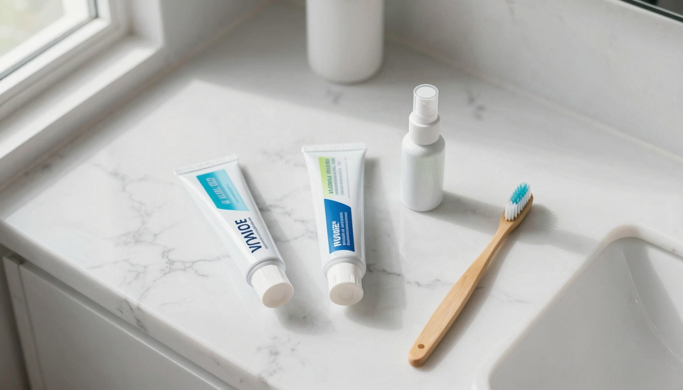 Assortment of oral care products including mouth spray, toothpaste, and toothbrushes arranged on a clean bathroom shelf with natural daylight