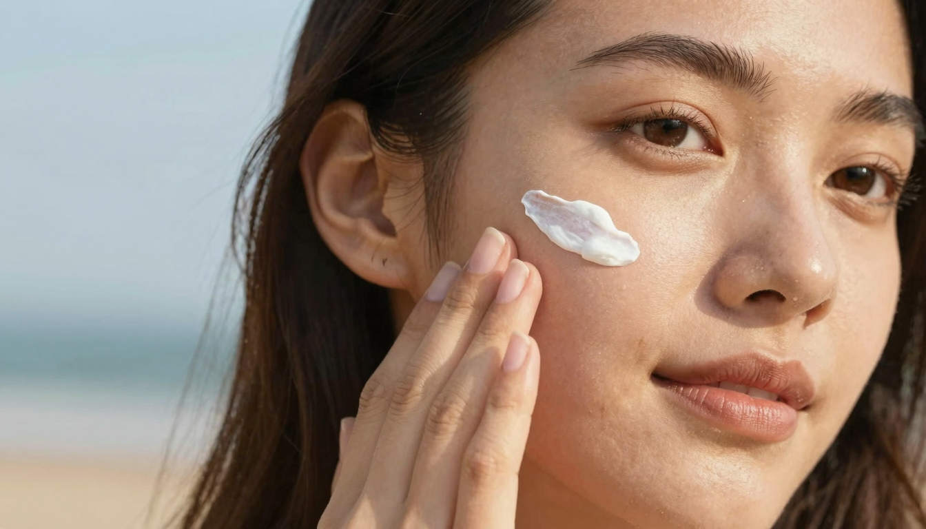 Person applying sunscreen to face in bright sunlight