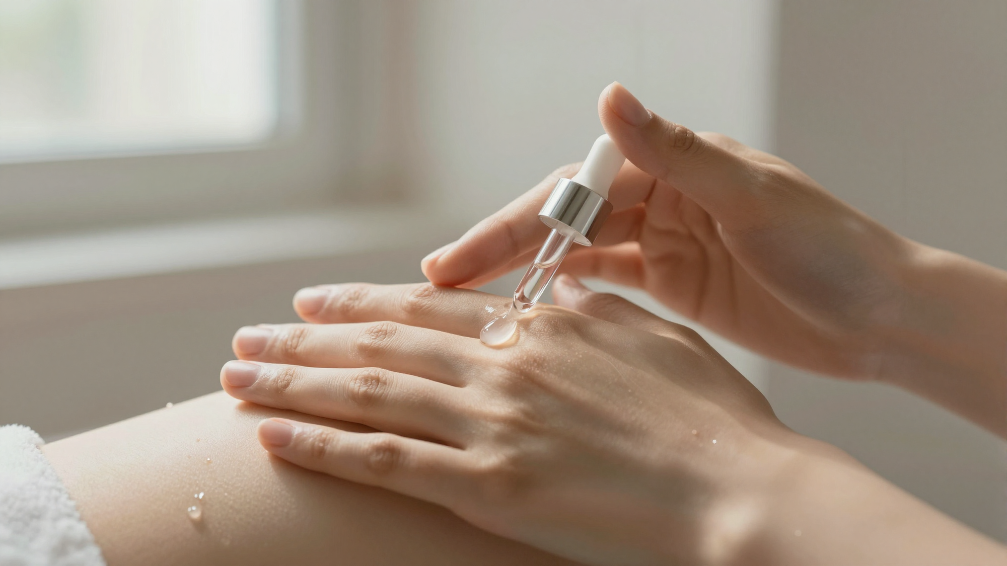 Hands pressing serum onto face in soft light
