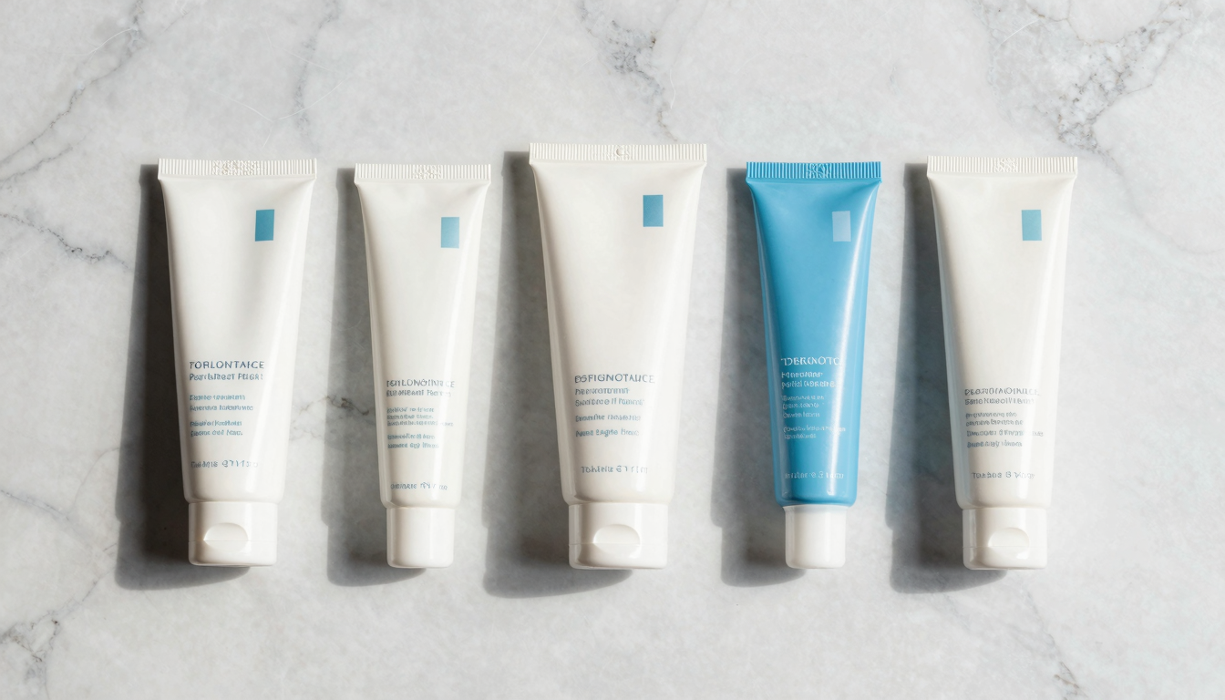 Flat lay of various Turkish skincare creams on a marble surface