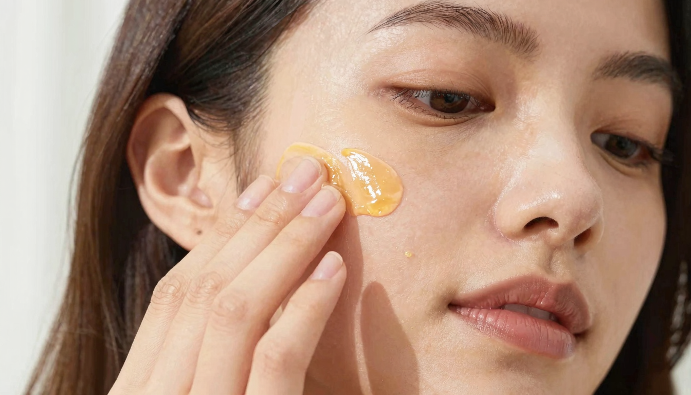 Applying facial oil to cheek for radiant complexion