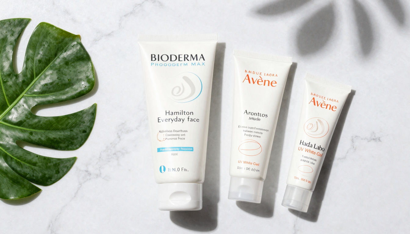 Flat lay of popular European and Asian sunscreens