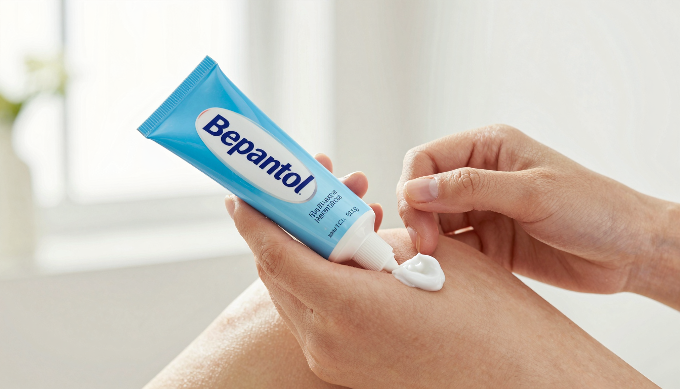 Hand applying Bepantol healing cream to dry elbow