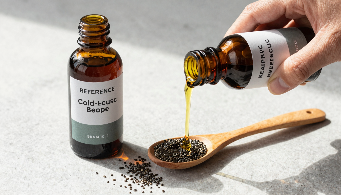 Black seed oil being poured from bottle onto wooden spoon, flat lay composition.
