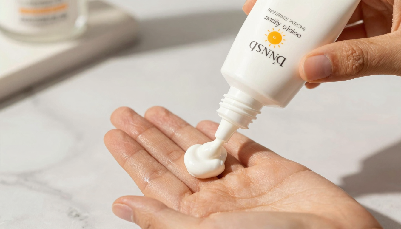 Close-up of sunscreen texture being squeezed from a tube onto fingertips