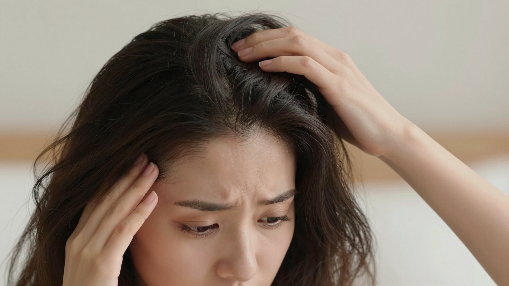 Woman examining her hair quality with fingertip