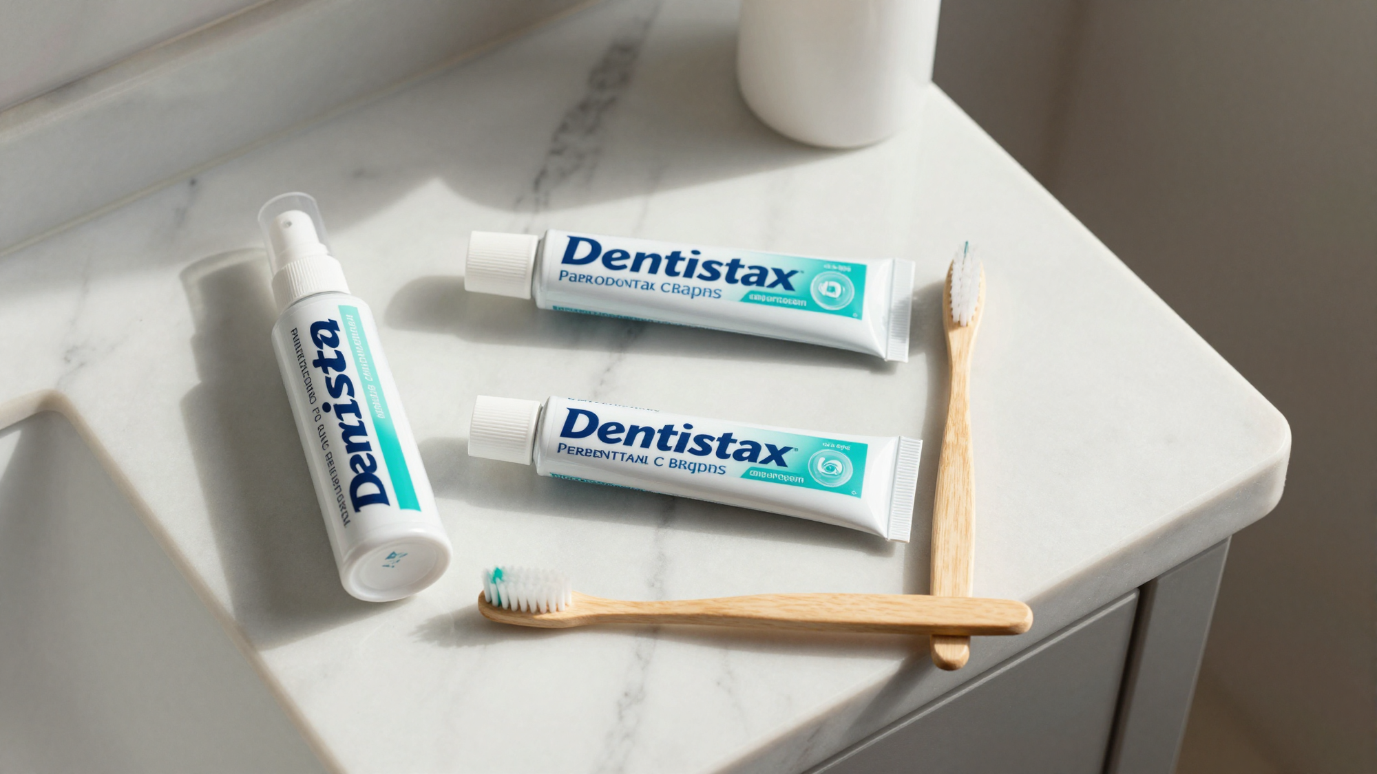 Oral care products arranged on bathroom shelf