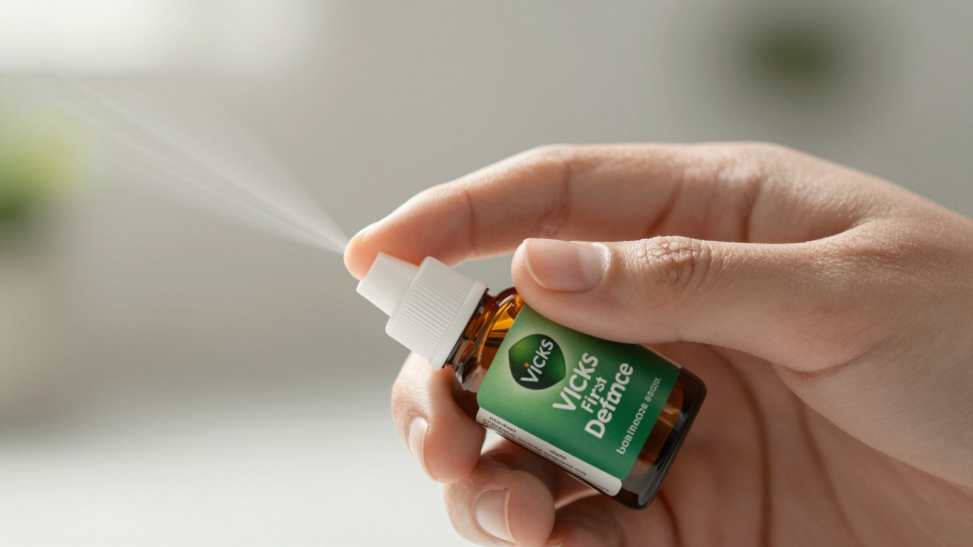 Person using Vicks First Defence nasal spray