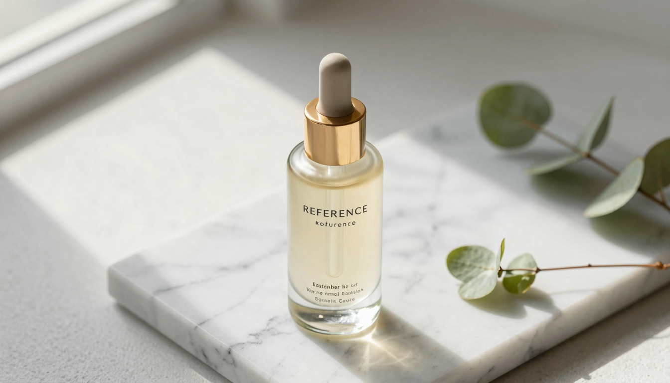 Darphin Exquisage anti-aging serum bottle on a marble surface with skincare tools