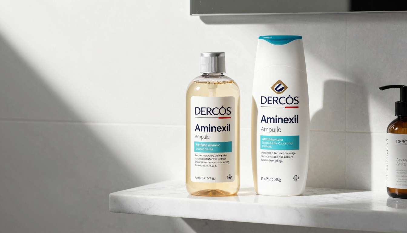 Dercos Aminexil hair loss treatment products on bathroom shelf