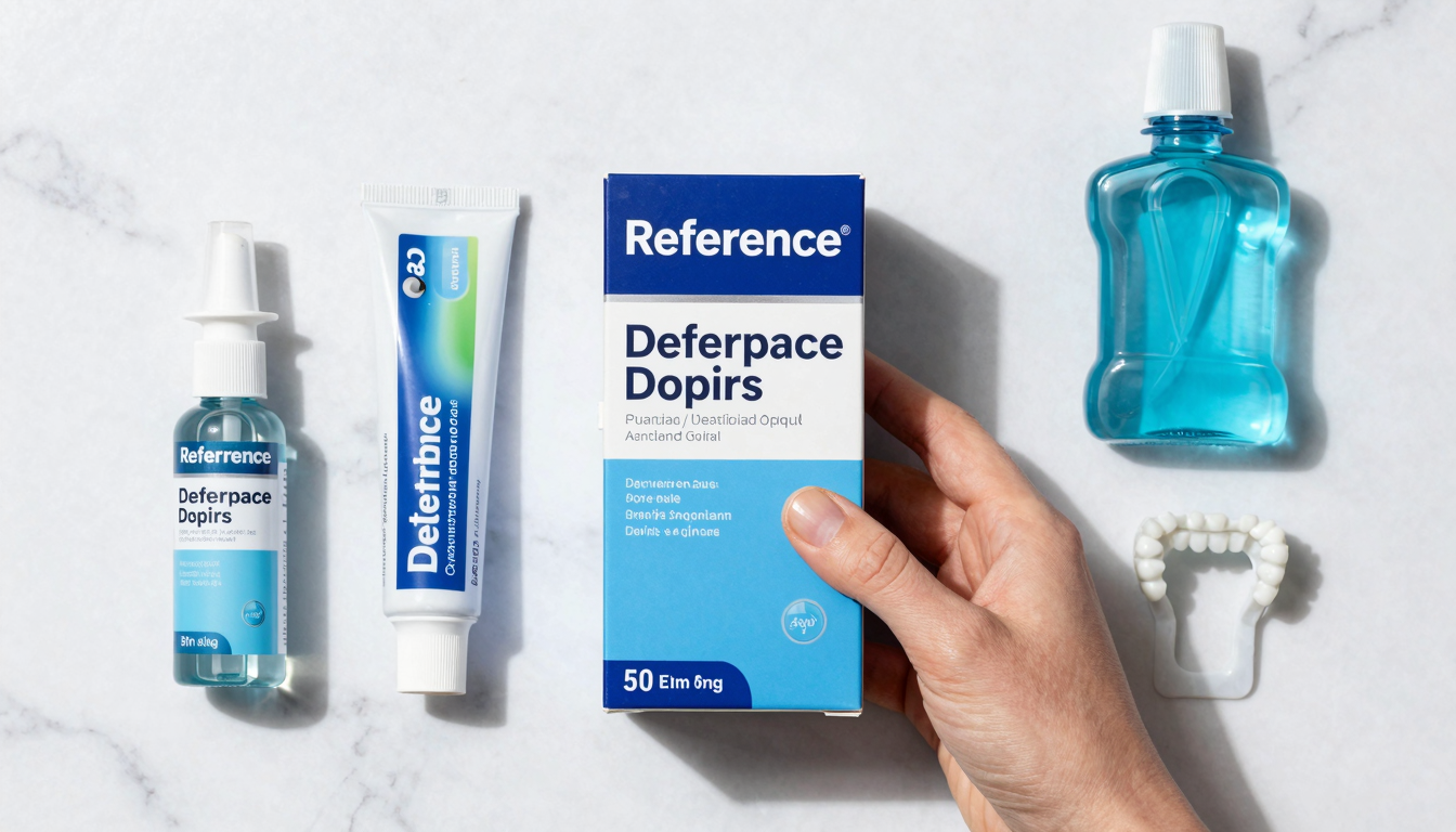 Flat lay of dental care products on a marble surface