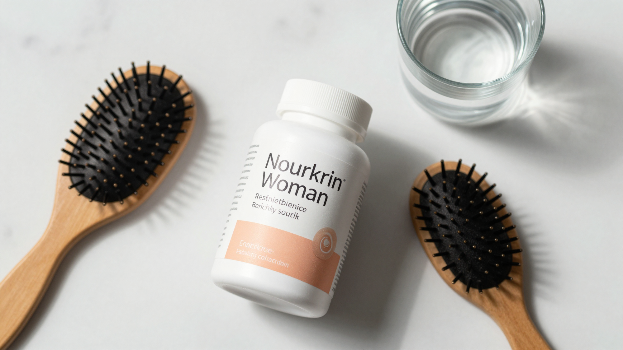 Flat lay composition featuring Nourkrin Woman box, hairbrush, and water glass on marble