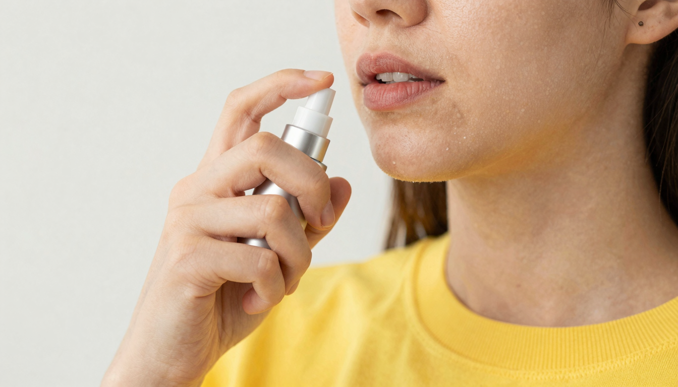 Close-up of person spraying breath freshener into open mouth, bright airy background