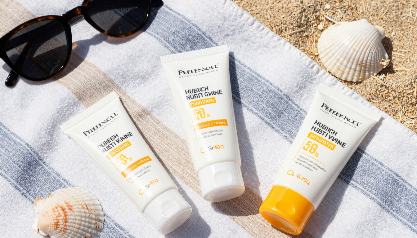 Flat lay of European pharmacy sunscreen tubes on a beach towel with sunglasses