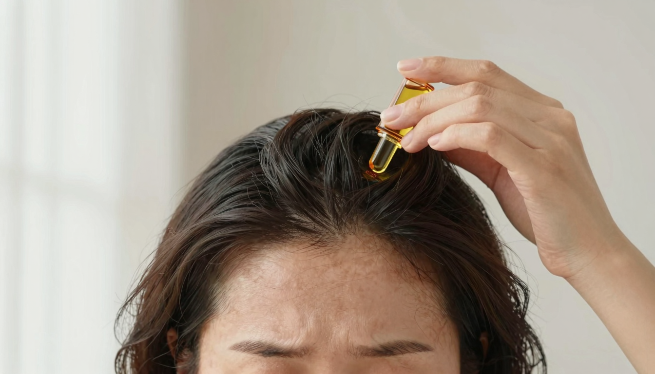 Person applying jojoba oil directly to a flaky scalp as a home treatment for seborrheic dermatitis.