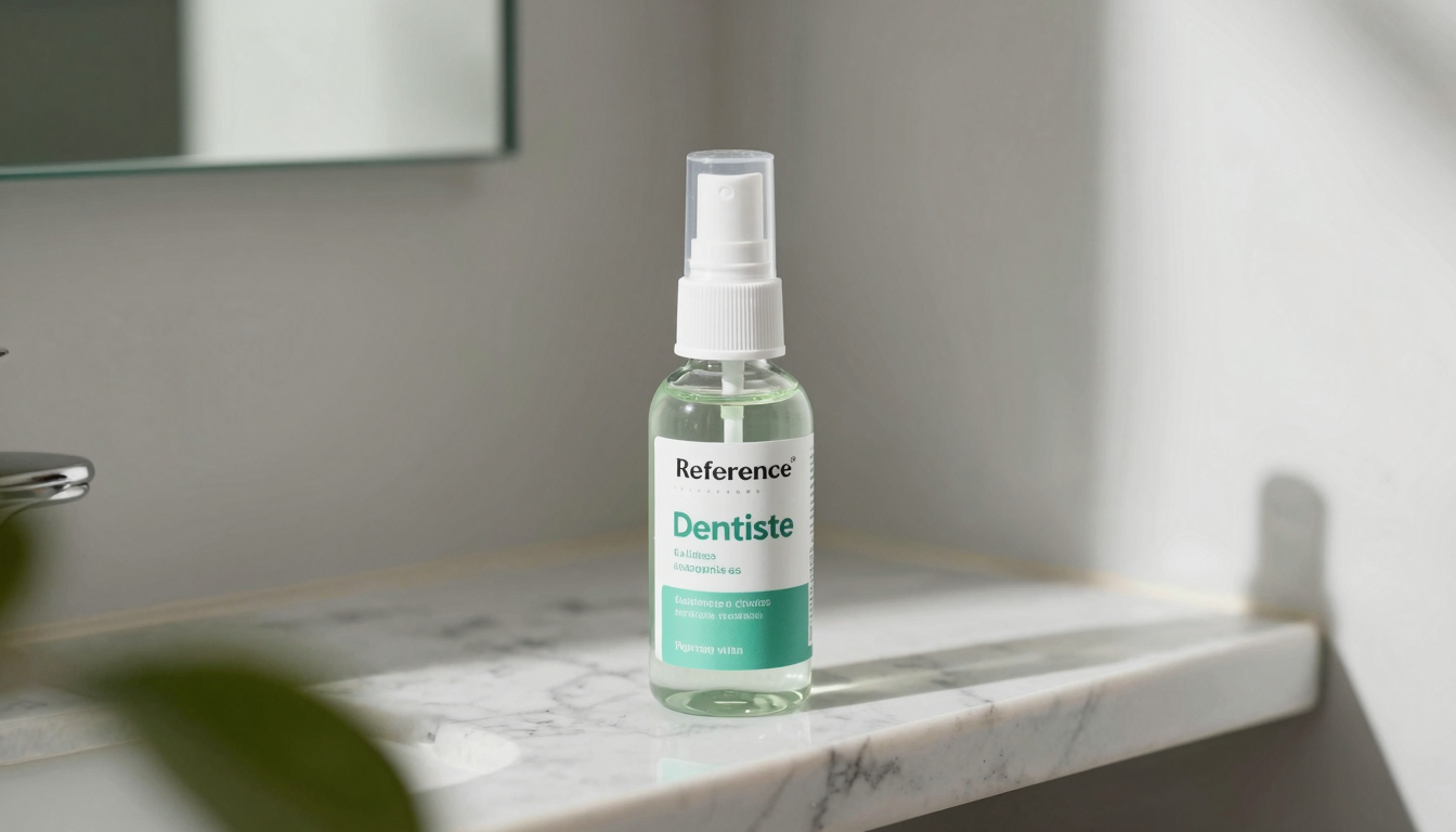 Dentiste mouth spray bottle on marble shelf with natural light