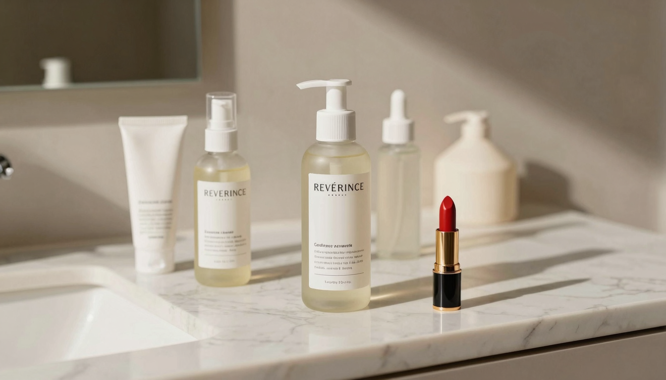 Flat lay of skincare bottles and makeup products on a light marble surface with soft morning light