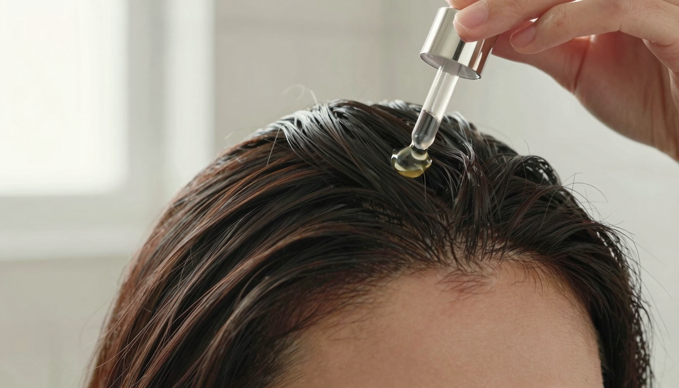 Application of a targeted anti-hair loss serum to the hairline