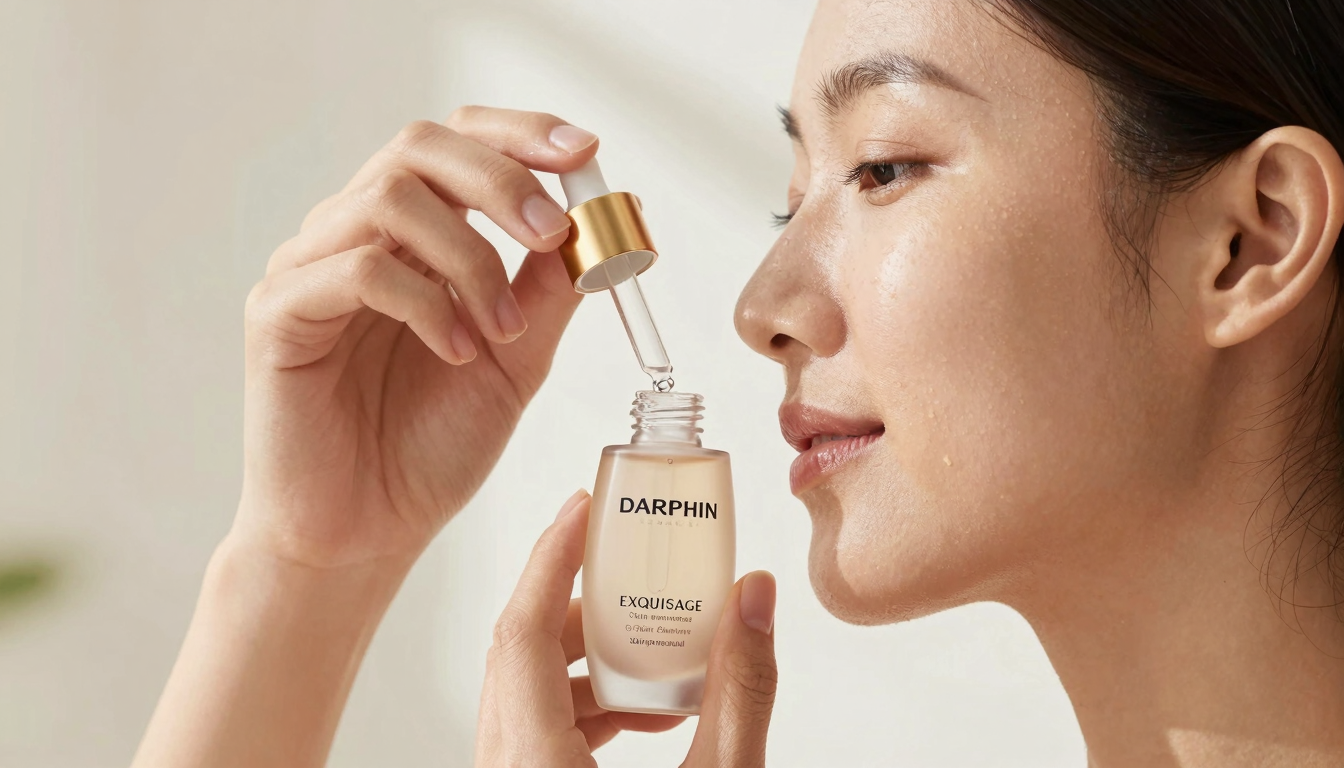Hands applying Darphin Exquisage serum to face