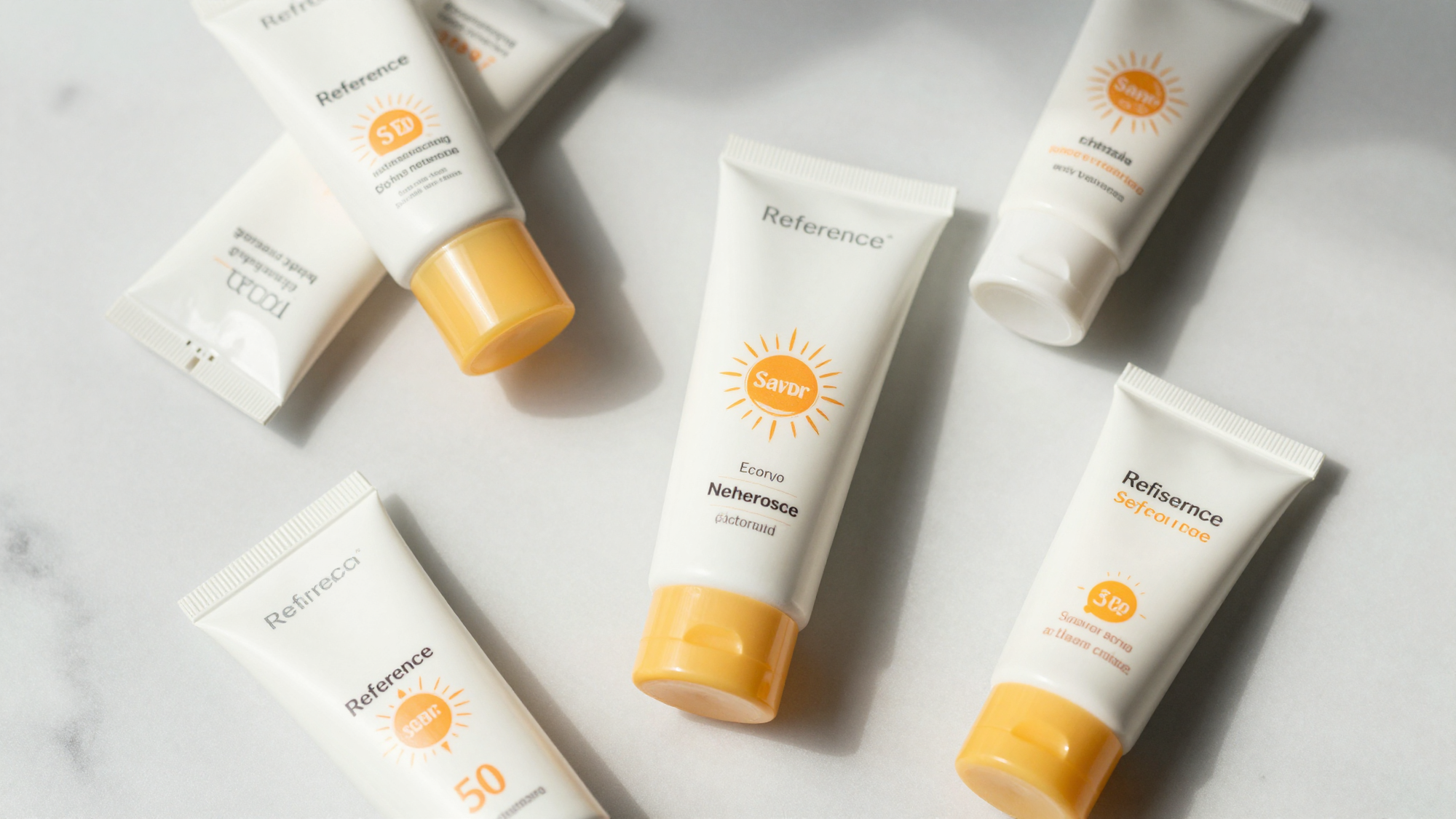 Flat lay of several sunscreen tubes on marble surface