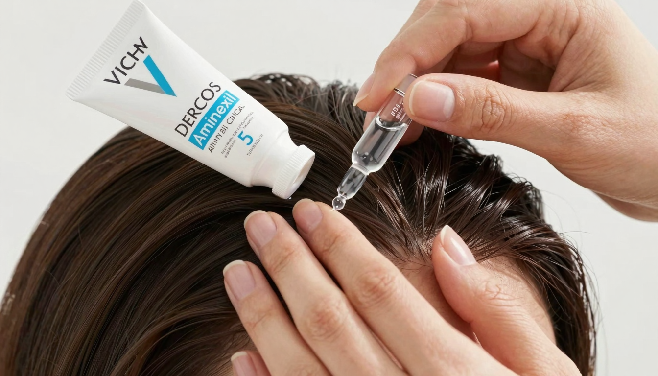 Hand applying a clear serum from a small ampoule onto the scalp, close-up