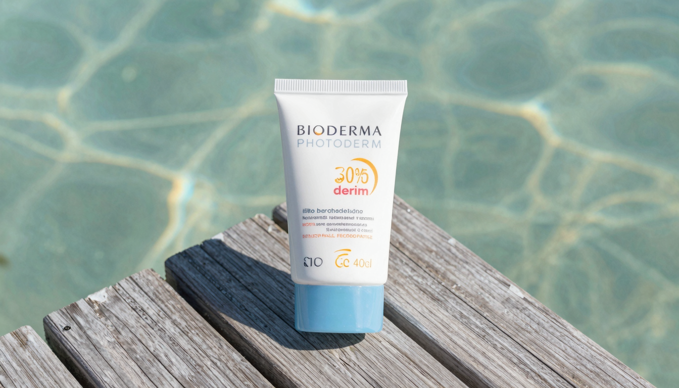 Sunscreen bottle on a dock by the sea