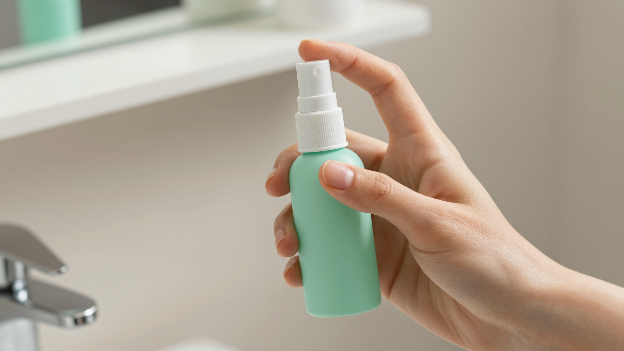 Close-up of a person using a small mouth spray bottle near their mouth, mint green bottle, soft daylight.