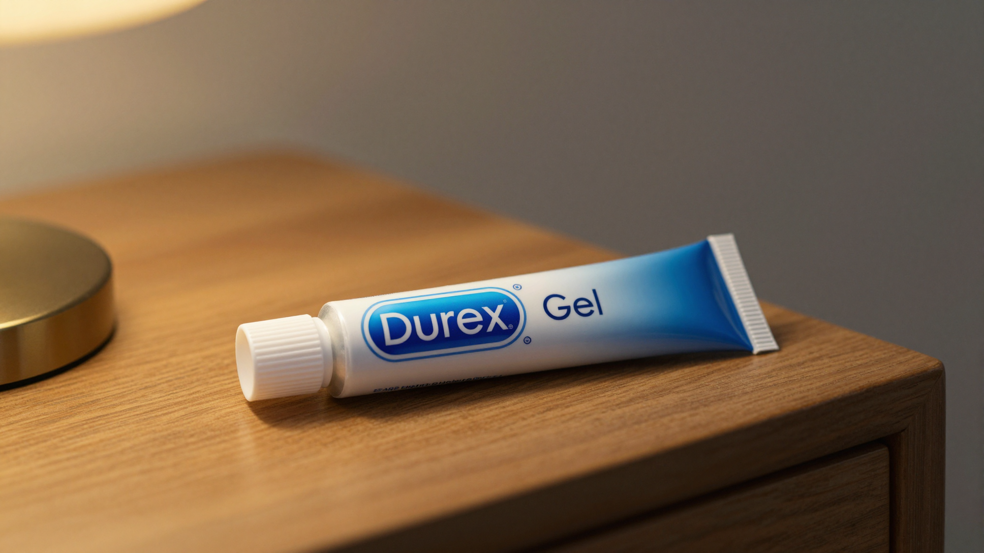 Durex Intense Gel tube on a nightstand with warm lamp light