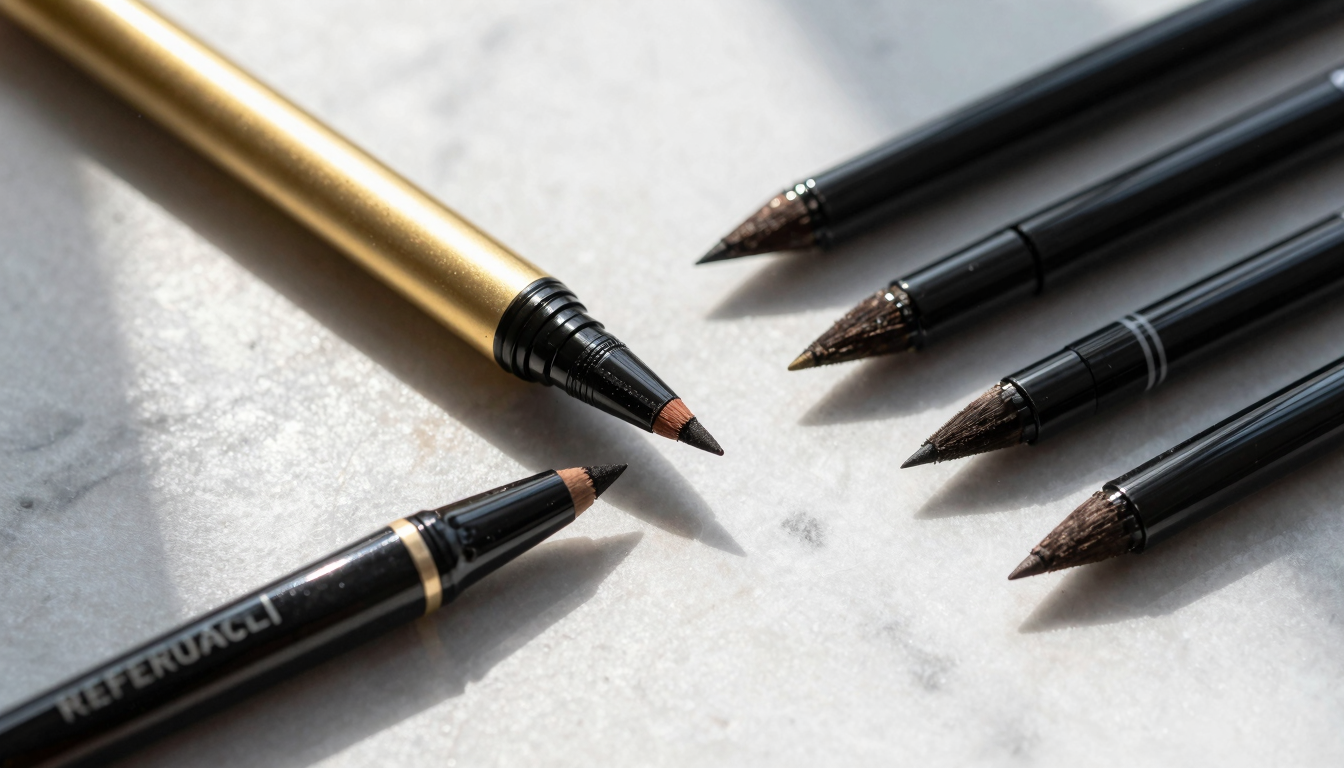 Luxury and pharmacy liquid eyeliners side by side on marble