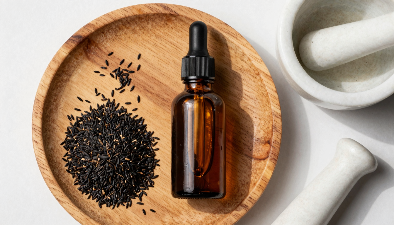 Amber glass bottle of black seed oil on a wooden tray with fresh seeds and mortar, editorial flat lay