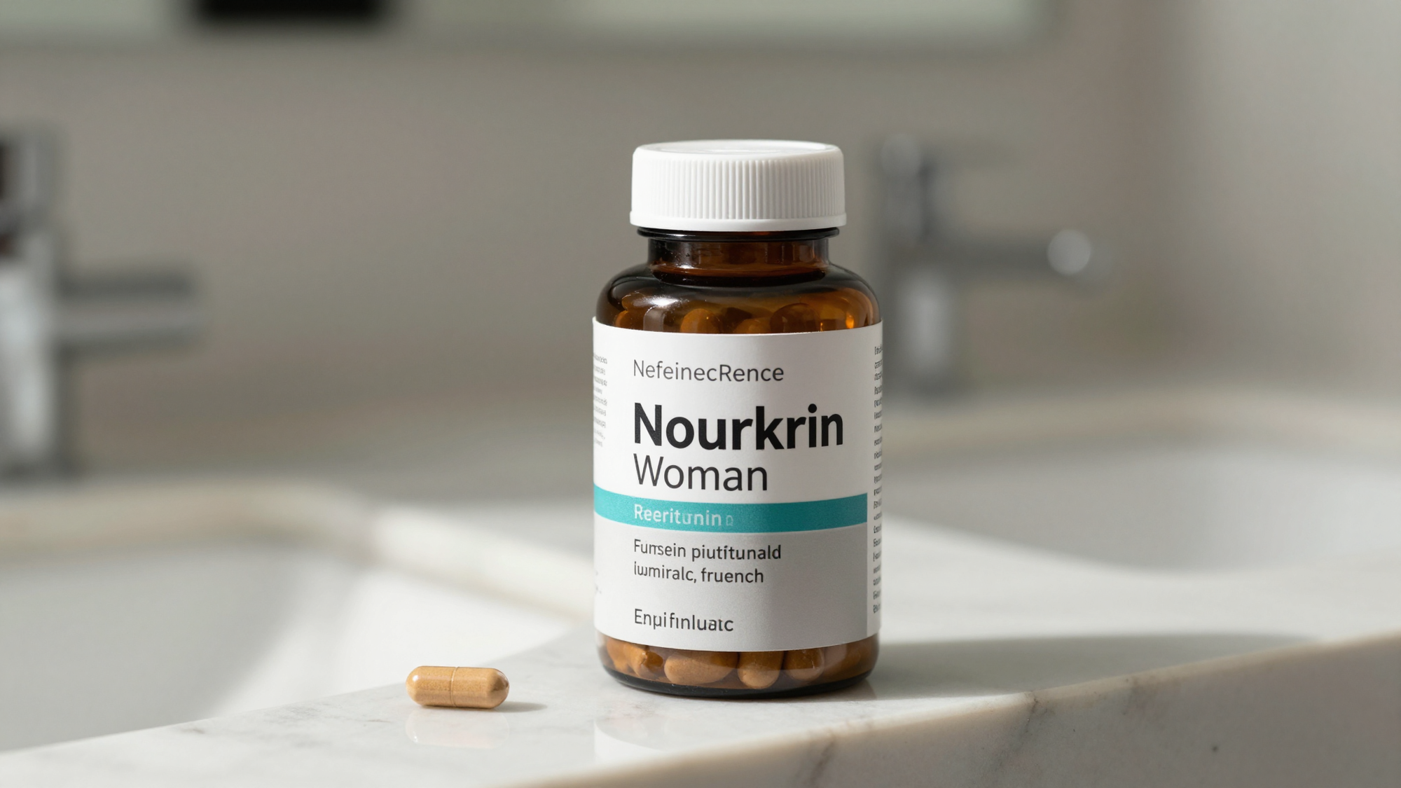 Nourkrin Woman hair supplement bottle on marble surface