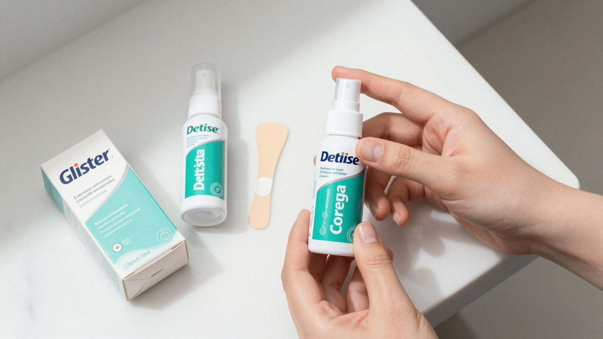 European oral care products flat lay on marble