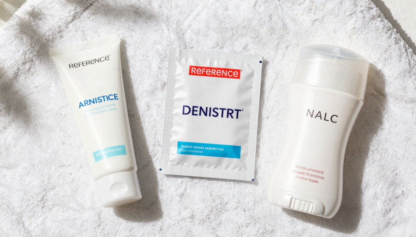 Flat lay of personal care items including lubricant, condoms, and deodorant on a clean towel