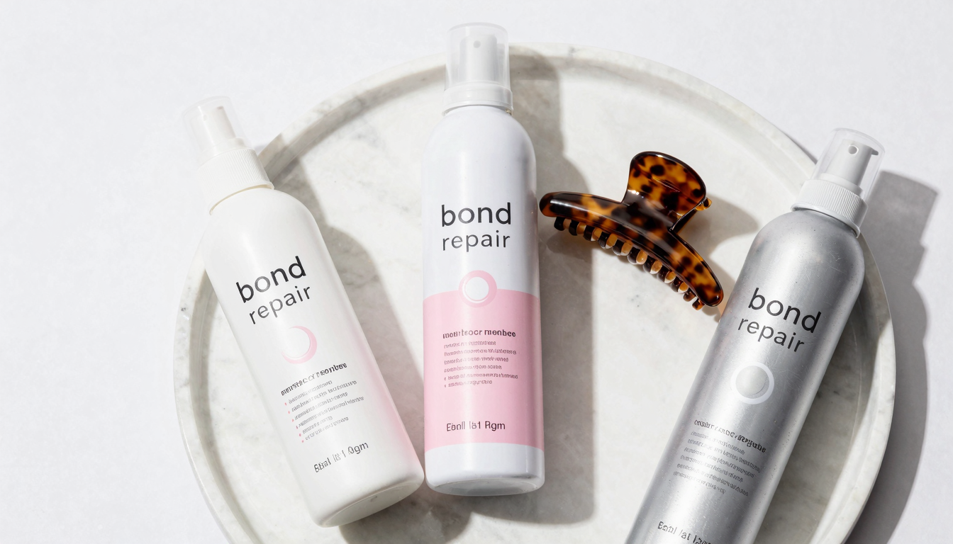 Flat lay of hair repair and styling products on a marble tray.
