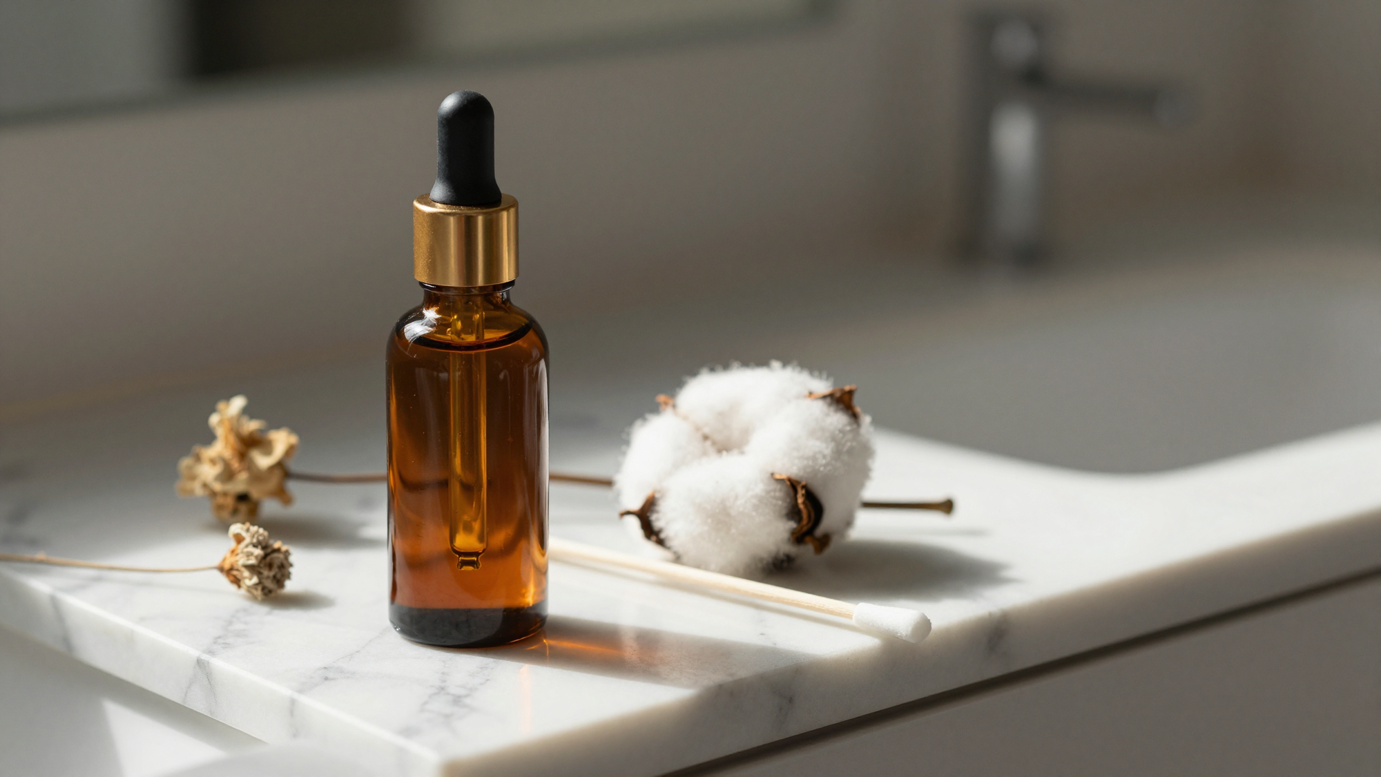 Bottle of black seed oil on a vanity