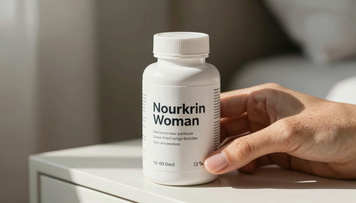 Hand holding a bottle of hair growth supplements in a bedroom setting