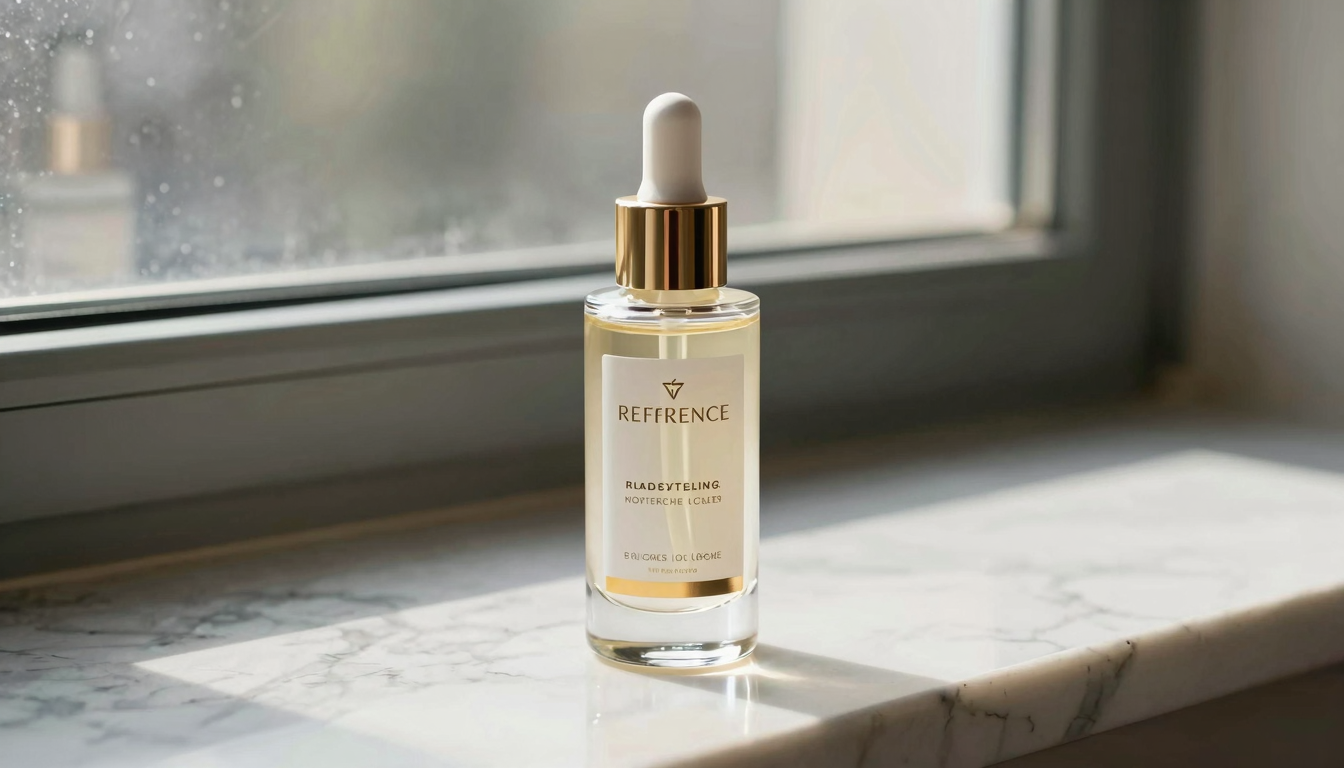A luxurious serum bottle on a marble bathroom counter in natural morning light