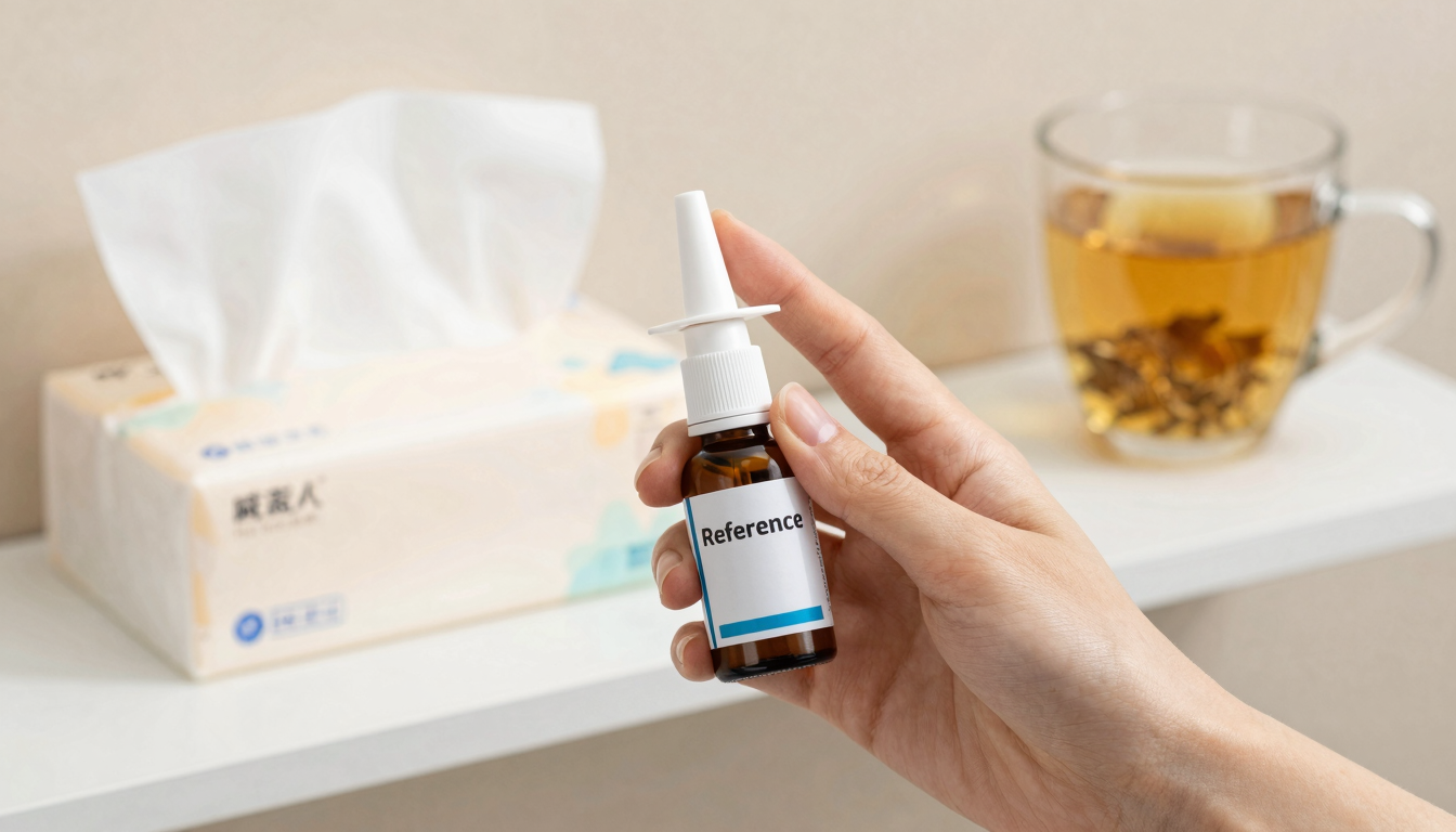 woman holding a nasal spray bottle near her nose, with a tissue box and cup of tea in the background