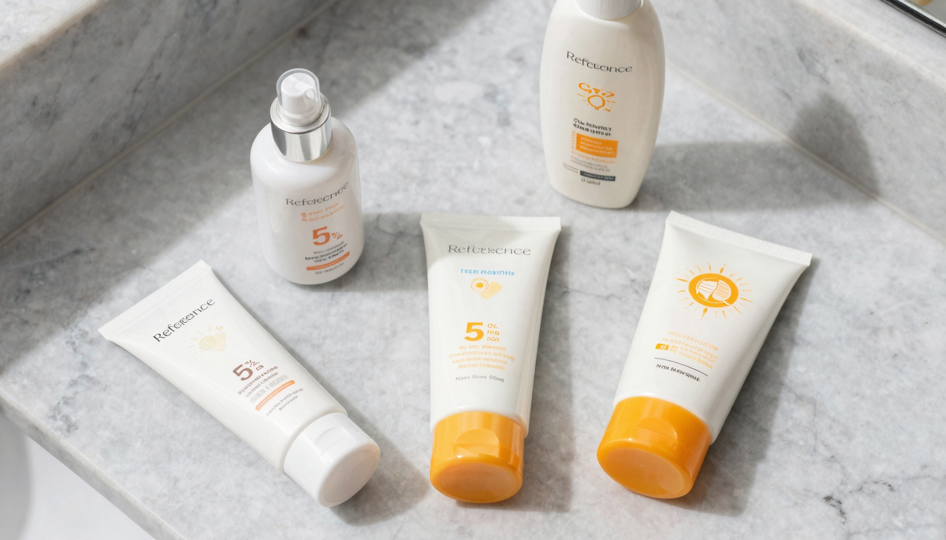 Flat lay of sunscreen products on a marble counter