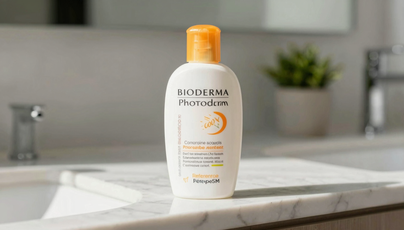 Bioderma Photoderm sunscreen bottle on a bright bathroom counter